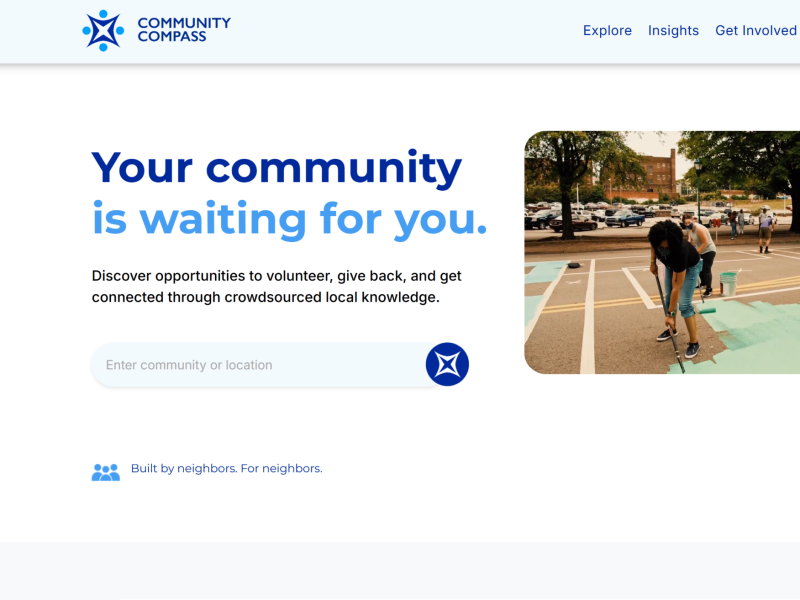 Hero section: headline 'Your community is waiting for you' with volunteers painting a parking lot on the right.